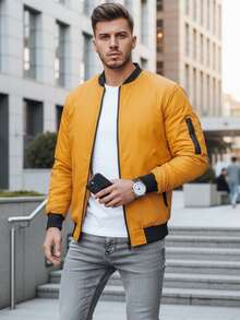 男士拉鍊飛行員夾克、男士袖口和下擺飛行員夾克、男士側袋和帶拉鍊袖袋飛行員夾克、男士短款無帽飛行員夾克 - 黃色 - 查看 1