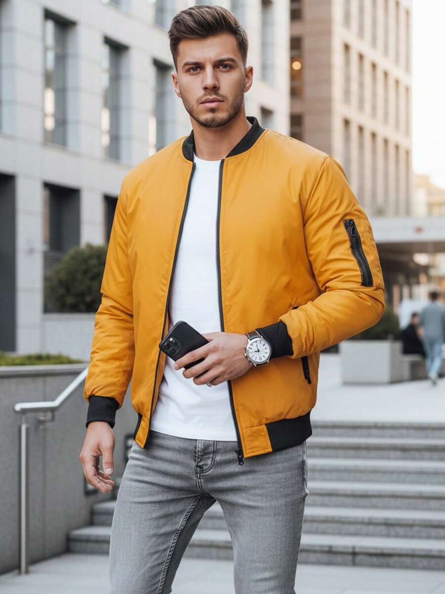男士拉鍊飛行員夾克、男士袖口和下擺飛行員夾克、男士側袋和帶拉鍊袖袋飛行員夾克、男士短款無帽飛行員夾克 - 黃色 - 查看 1