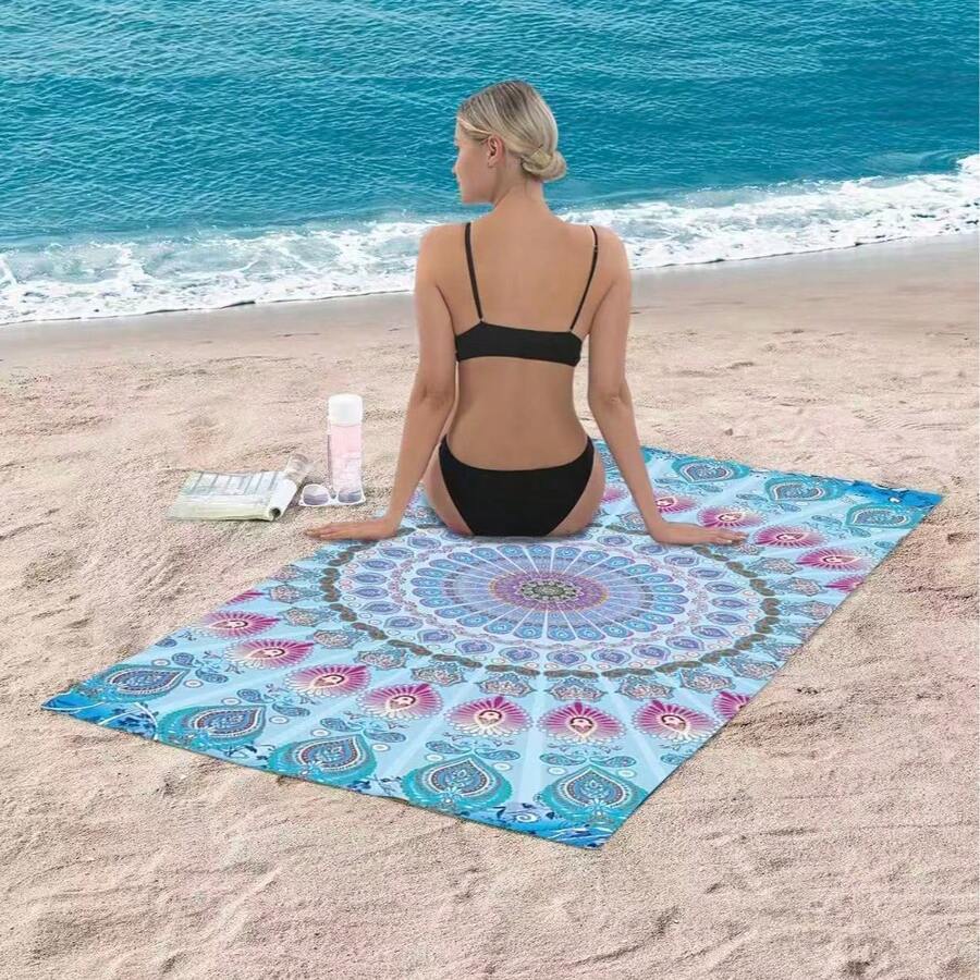 Khăn tắm Mandala, khăn tắm microfiber phong cách hippie bohemian phù hợp cho nữ, khăn du lịch nhanh khô màu cát xanh bohemian, quà tặng tập yoga cho người lớn. - A - Xem 1