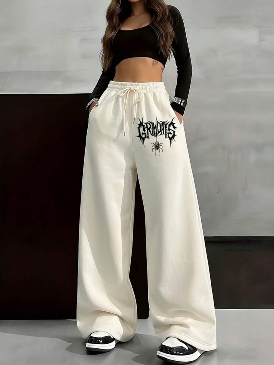 Wide Leg Pants With Hip-Hop Print 'Spider Letters' Streetwear, Comfortable, Versatile, Casual, For Going Out, Holiday Basic, Knit Fabric, Pocket, Drawstring, Tie, Airport Clothes, Holiday, School, Night - 米白色 - 查看 1