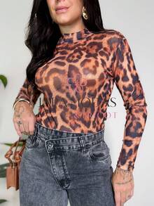 Long-Sleeved, Sheer Tulle Blouse With A Round Neck And A Second-Skin Finish. - Họa tiết động vật - Xem 4
