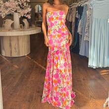Women Casual Strapless Dress Summer Floral Print Backless A-Line Long Dress For Cocktail Party Beach Streetwear - 粉色 - 查看 5