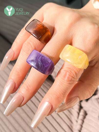 3pcs Niche Design Polished Resin Colorblock Geometric Large Size Rings, Suitable For Street Style Outfits