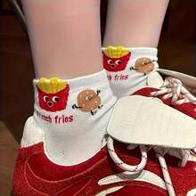 4双可爱卡通汉堡、薯条、披萨图案趣味柔软透气吸湿女士运动休闲袜 - 彩色 - 查看 3