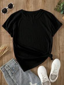 Plus Size Beautiful Disaster Bull Skull Roses Western Cowboy Vintage Print Round Neck Short Sleeve T-Shirt, 220g 100% Cotton T-Shirt, Summer Clothes, Women's Tops, Casual And Comfortable, Fashionable T-Shirt, Unisex Style - 黑色 - 查看 2