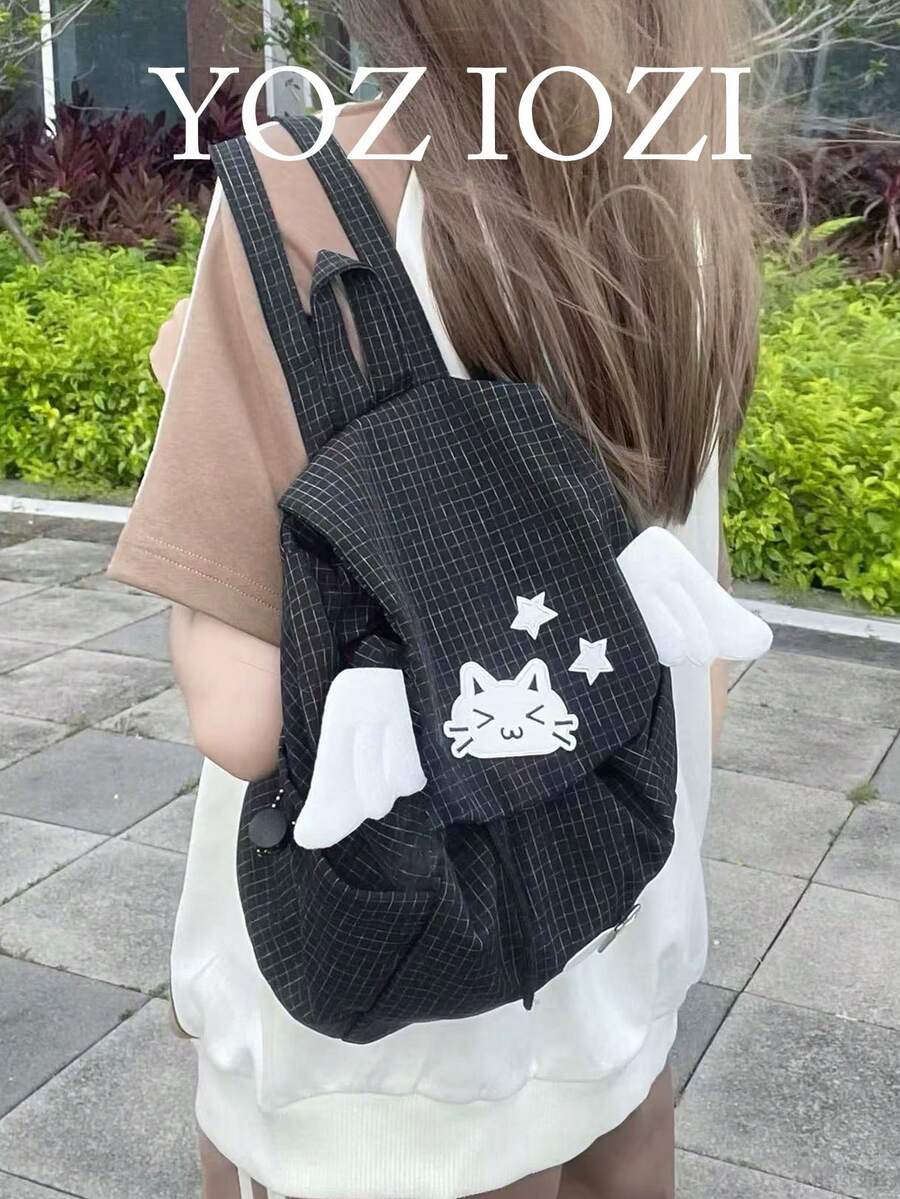 格子天使翅膀双肩包，多功能通勤包，适合日常出行，时尚女大学生背包，可爱轻便的返校季书包 - 黑色 - 查看 1