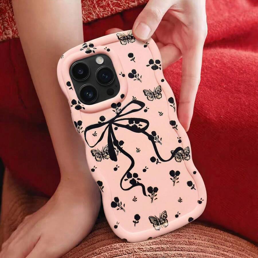 Floral Pattern Phone Case, Cute Black Bow Flower Design, Macaron Color Wavy Edge, Cream Aesthetic, Full-Body Protective Case, Compatible With Samsung Galaxy A/S/FE/Plus/Ultra, Note/POCO, Honor, Fashionable Women Phone Case - Multicolor - View 1