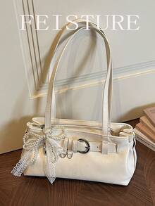 1pc FEISTURE Strap Decor Shoulder Bag, PU Material Underarm Bag With Pendant, Suitable For Daily Outing, Dating, Commuting - White - View 10