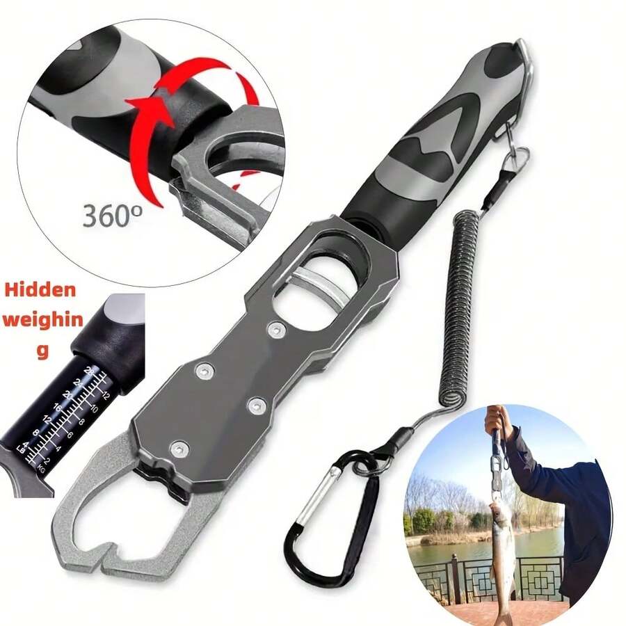 18kg Capacity Heavy Duty Fish Lip Gripper, Stainless Steel Fish Lip Clamp With Spring Rope And Carabiner, Durable Design, Corrosion Resistant, High Quality Metal, Suitable For Outdoor Sports Enthusiasts And Leisure Fishing