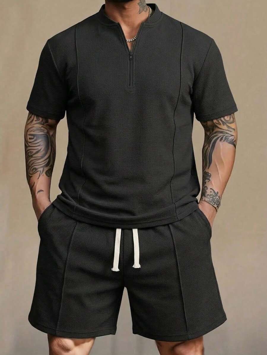 2pcs Black Waffle Knit Men's Short Sleeve T-Shirt And Shorts Set, Half-Zip Collar Design, Men's T-Shirt, Men's Shorts, Men's Sports Suit, Fitness Outfit, Boyfriend Style, Machine Washable, Suitable For Summer Daily Commute, Fitness, Running, Outdoor Exercise - Black - View 1