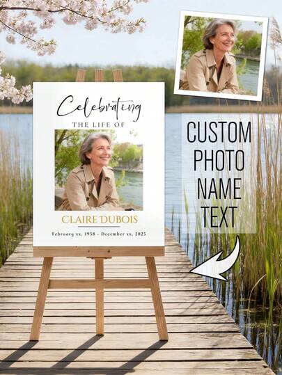 Quadro Memorial Personalizado com Foto, Arte de Parede em Tela Personalizada, Pôster Sem Moldura, Placa de Boas-Vindas Personalizável com Foto e Texto, Adequado para Funerais, Velórios e Serviços Memoriais, Feito de Material PVC em Estilo Moderno com Área de Moldura de Foto, Aplicável para Eventos de Igreja e Decorações Fúnebres