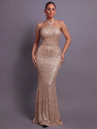 女士无肩带露背亮片正式晚礼服 - 优雅正式礼服，饰有闪亮细节，适合派对、宴会、婚礼、舞会和盛大晚宴