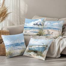 Conjunto de 4 capas de almofada decorativas minimalistas com estampa aquarela azul do oceano, barco à vela e gaivota. Confeccionadas em veludo de poliéster cor pêssego com estampa em um lado. Tamanho 45*45cm. Ideais para sofás modernos de tecido, decoração de interiores, festas e como presente. - Multicolorido - Ver 7