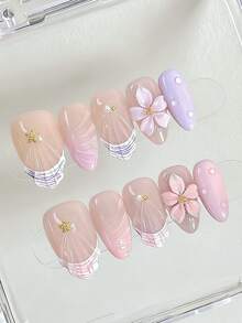 10片甜美清新ins风可爱少女手绘贝壳纹理3D浮雕金珠粉紫五瓣雕花水滴图案短杏仁美甲贴纸，自粘指甲贴 - 彩色 - 查看 3