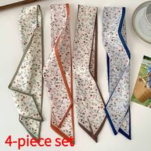 4-Piece Set Womens French Countryside Style Floral Print Long Silk Scarf For Daily Commute And Outings For Hair Styling Bag Decor And Waist Accessorizing For Casual Occasions - Bộ 4 món - Xem 9