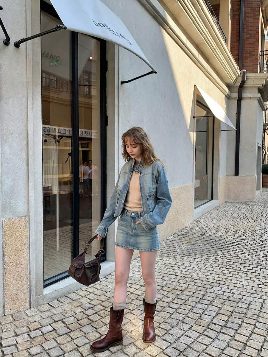 Solid Color Y2K Style High-Waisted Short Casual Denim Skirt For Spring And Summer