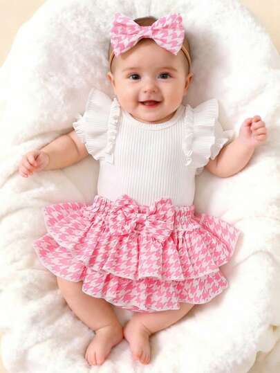 3pcs/Set Baby Girls Casual Cute Fashion Soft Comfortable Solid Color Puff Sleeve Romper, Butterfly Decor Plaid Layered Ruffle Hem Shorts And Headband Set, Infant Newborn Girl Clothing, Summer Daily Wear, Party