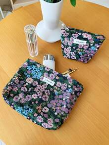 1 PC/Set Purple Green Floral Jacquard Embroidery Women Girl Makeup Pouch Make Up Bag Portable Large Capacity Cosmetic Bag With Zipper,For Travel And Vacation Essentials,For Sanitary Napkins,Keys,Hair Accessories,Charger,Lipsticks,Cosmetics,Perfume,Makeup Brush Holder Organizer Storage Bag,For Skin Care And Beauty Products,For Women,Students,School Girls,For Birthday Gifts,Friends Gift,Holiday Gift - Màu tím - Xem 5