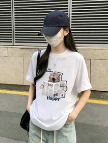 Áo thun nữ phong cách Z-Gen Y2K mùa hè mới, in hình chú chó ngộ nghĩnh đang đọc báo, cổ tròn, tay ngắn. - trắng - Xem 4