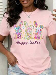 Happy Easter Bunny-Shirt With Colorful Rabbit Design Women Spring Festival ShirtCasual Daily Wear - Pink - View 9