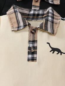 Bộ áo liền quần tay ngắn cổ polo kẻ caro in hình khủng long cho bé trai mùa hè (2 món) - Nhiều màu - Xem 4