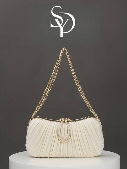 1 chiếc ví cầm tay dự tiệc hình hộp xếp ly thời trang dành cho nữ, thiết kế quai xách lấp lánh sang trọng, ví dự tiệc trang trọng quyến rũ, phù hợp cho các buổi hẹn hò, dạ hội, sinh nhật, các sự kiện trang trọng.