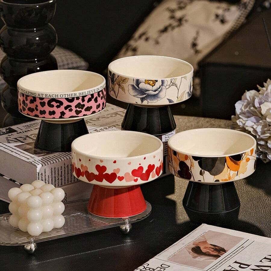 [Phong cách Bohemian cao cấp] Đĩa đựng trái cây bằng gốm có chân đế, bát đựng đồ ăn nhẹ, tráng miệng đa năng, trang trí bàn trà phòng khách, vật dụng cần thiết cho trà chiều và lưu trữ. - Họa tiết da báo màu hồng - Xem 1