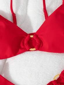 Women's Solid Color Metal Ring Detachable Bikini Set With Removable Straps, Summer Vacation Beach Red - Red - View 4