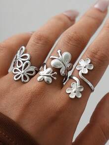 Frminee 3 Stücke/1 Stück Boho-Stil Blumen & Schmetterling Edelstahl Ring Set, Statement Ringe, verstellbare goldfarbene Ringe, geeignet für den täglichen Gebrauch, Urlaub und als Geschenk - Silber - Übersicht 3