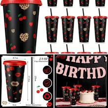 12pcs Cheetah Cherry Party Cups Red And Black Leopard Print Themed Cups With Lids And Straws 24 Oz Reusable Plastic Tumbler Bachelorette Cheetah Cherry Birthday Party - View 1