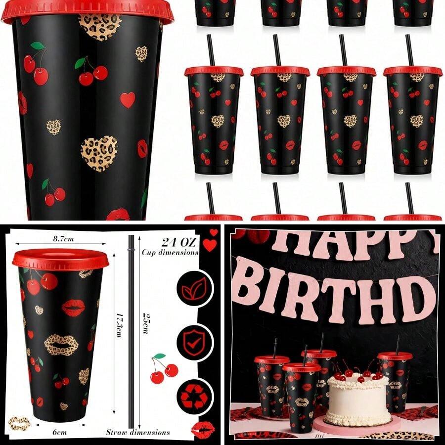 12pcs Cheetah Cherry Party Cups Red And Black Leopard Print Themed Cups With Lids And Straws 24 Oz Reusable Plastic Tumbler Bachelorette Cheetah Cherry Birthday Party - View 1