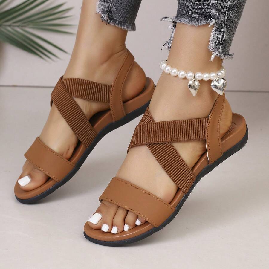 女款交叉綁帶厚底涼鞋,耐磨防滑鞋底,防水防污,露趾彈性腳踝綁帶休閒沙灘夏季涼鞋 - 摩卡棕 - 查看 1
