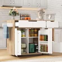 Carrito de cocina de estilo nórdico moderno con ruedas universales de 360°, estante de almacenamiento con cajones y toallero, bandeja plegable y cierre silencioso con resorte, diseño de almacenamiento flexible. - Caqui - Ver 4