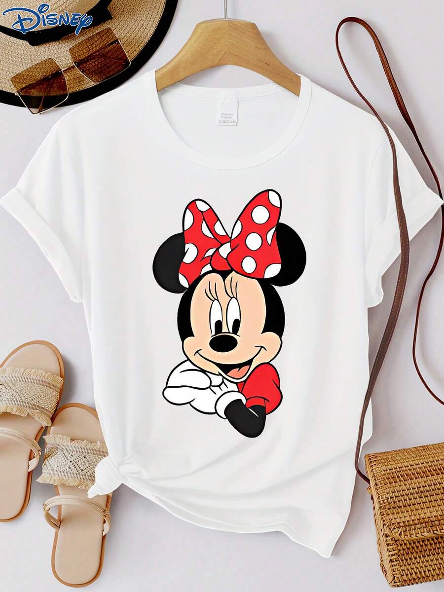Disney 1件女士短袖T恤，米妮图案印花，圆领，弹力面料，易打理，适合日常穿着，时尚女士短袖T恤，休闲服饰 - 白色 - 查看 1