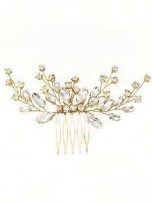 1pc Bridal Alloy Rhinestone Hair Comb, Suitable For Wedding, Party, Gathering - Gold - View 3