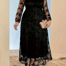 Plus Size, Elegant Plus Size Printed Long Sleeve Dress With Flocked Mesh Hem - Flared Umbrella Skirt, Bodycon Top And Bell-Shaped Bottom For All Seasons - 黑色 - 查看 1