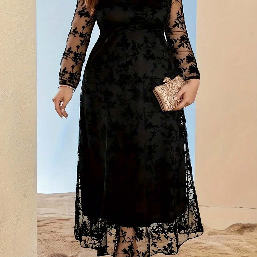 Plus Size, Elegant Plus Size Printed Long Sleeve Dress With Flocked Mesh Hem - Flared Umbrella Skirt, Bodycon Top And Bell-Shaped Bottom For All Seasons - 黑色 - 查看 1