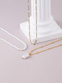 3pcs Elegant Simulated Pearl Multi-Layer Necklace Set, Suitable For Women's Daily, Date, Party, Fashionable Jewelry Accessories - Yellow Gold - View 5