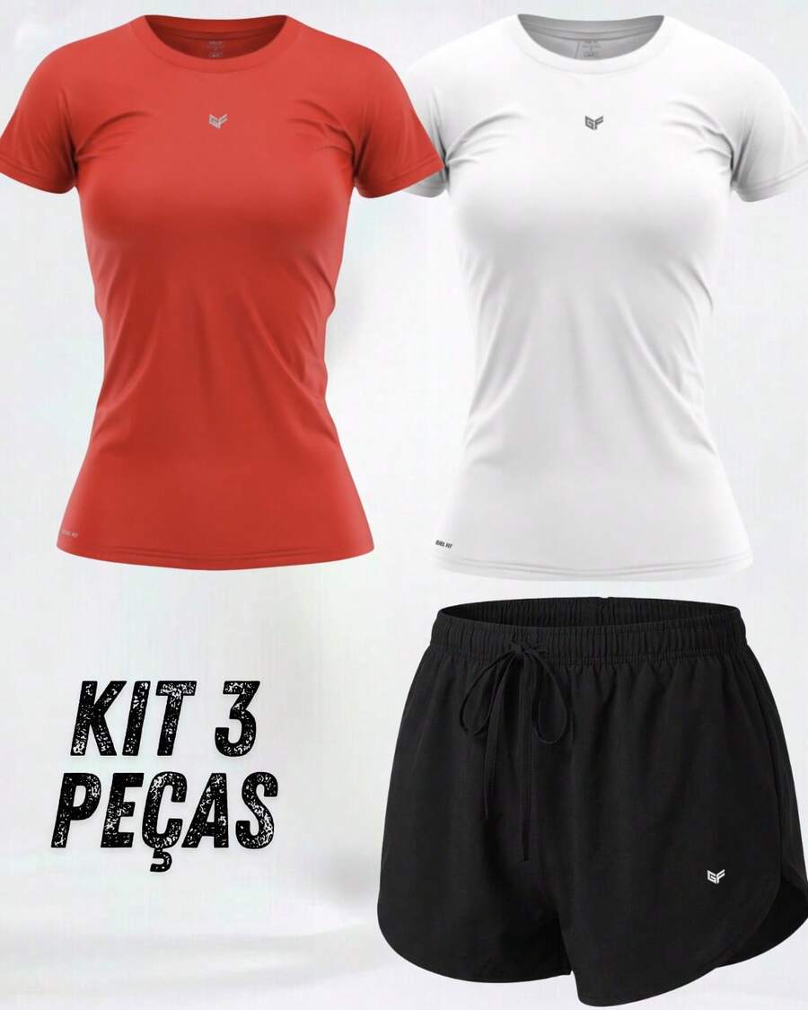 Women's 3-Piece Gym Kit: 2 Dry Fit T-Shirts + Comfortable Tactel Shorts - Women's 3-Piece Fitness Set With 2 Dry Fit Tops + Lightweight Shorts - Kit F - 查看 1