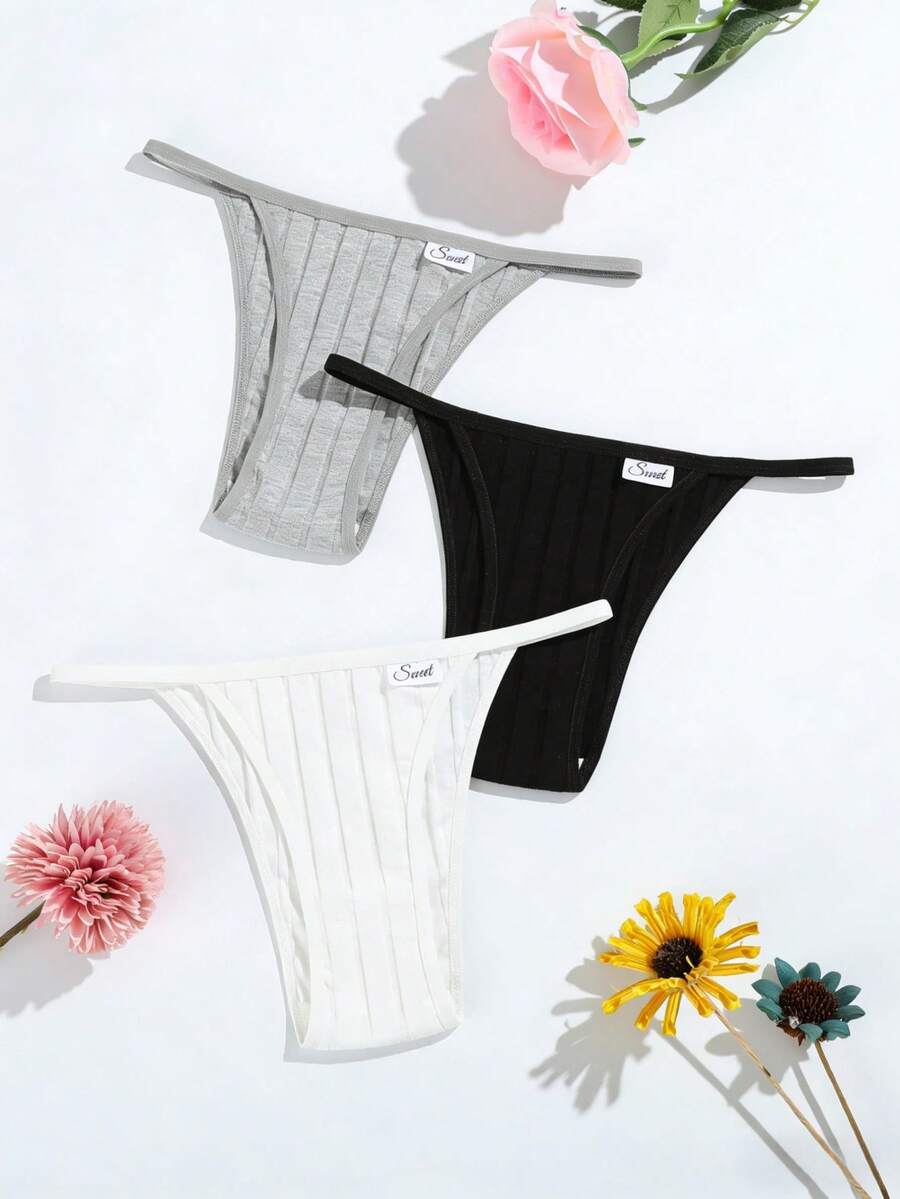 3 piezas Bragas de mujer de unicolor, cintura delgada, cómodas, tipo tanga - Multicolor - Ver 1