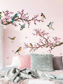 Branching Bird Cherry Blossom Wall Stickers Self-Adhesive Living Room Home Decor Wall Decals Entrance Decorative Beautification - Multicolor - View 1