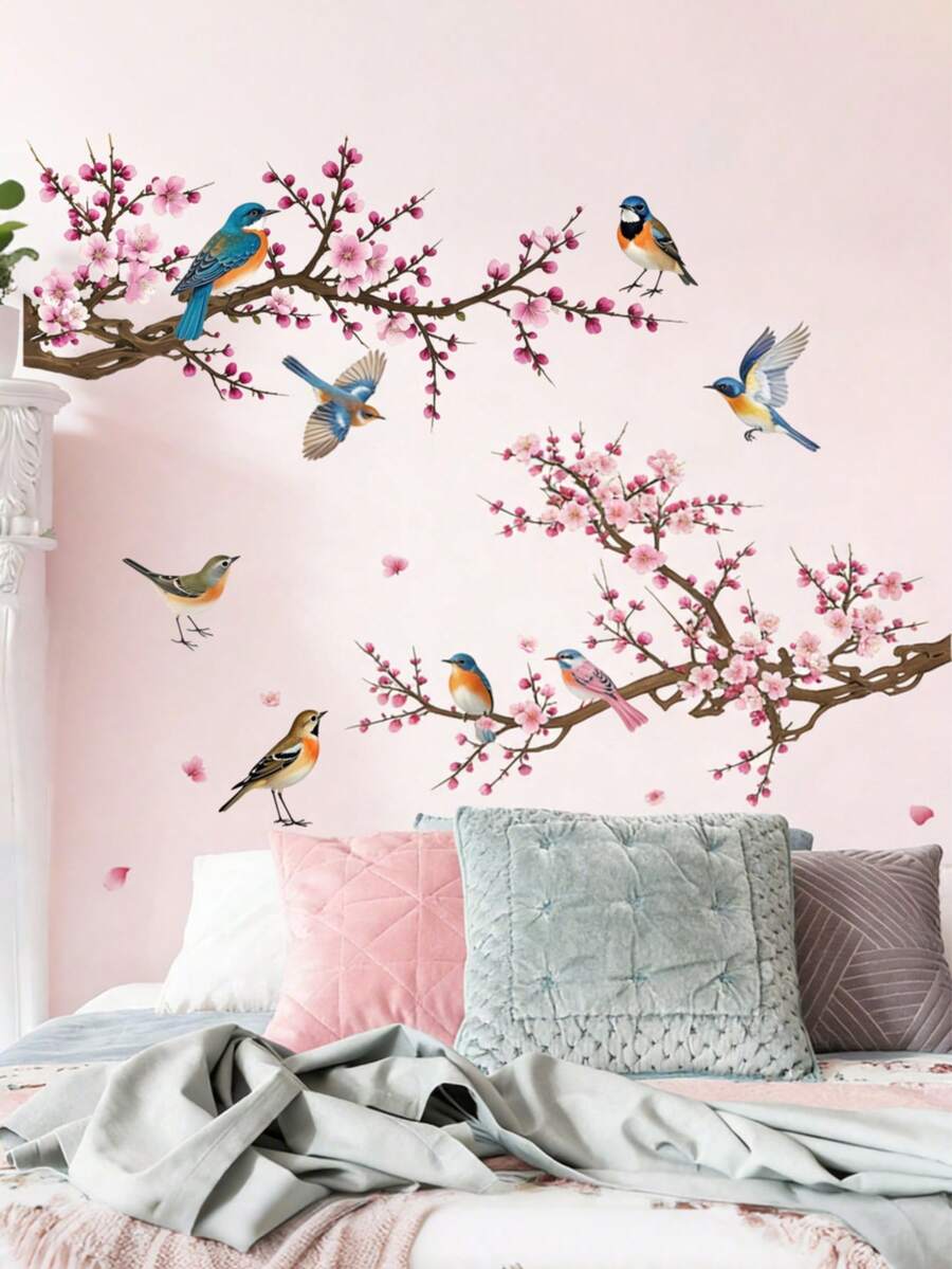 Branching Bird Cherry Blossom Wall Stickers Self-Adhesive Living Room Home Decor Wall Decals Entrance Decorative Beautification - Multicolor - View 1