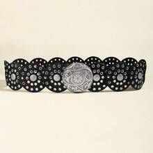 1 chiếc thắt lưng da PU màu đen dành cho nữ, khóa tròn, kiểu dáng Bohemian với họa tiết hoa, phù hợp cho các dịp thường ngày, dự tiệc, và thời trang hàng ngày. - màu đen - Xem 8