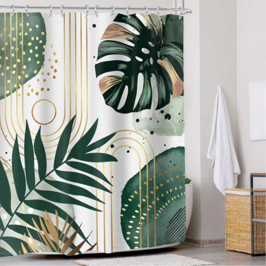 1pc Abstract Tropical Leaf Shower Curtain, Polyester, Waterproof, 72" X 72", Bohemian Green & Golden, Minimalist Bathroom Accessory With 12 Hooks - Tropical Monstera Deliciosa - View 1