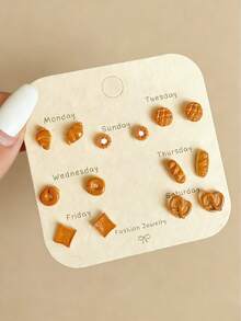 14件/6件可爱卡通焦糖面包甜甜圈耳钉套装，简约百搭首饰，女士礼物，日常及旅行佩戴 - 彩色 - 查看 3