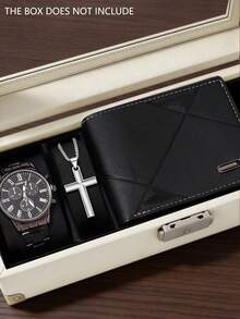 Bộ 3 món đồng hồ thạch anh nam, bao gồm dây đeo hợp kim đen, đồng hồ thạch anh số La Mã, dây chuyền mặt thánh giá bạc và ví hình học màu đen, tập trung vào chất liệu và thiết kế tối giản dành cho doanh nhân. - màu đen - Xem 8