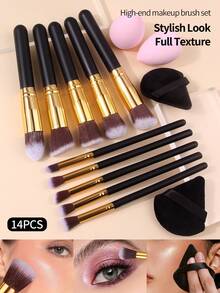 14件套完整化妆刷套装，含海绵和粉扑，专业美妆工具 - 黑色 - 查看 3