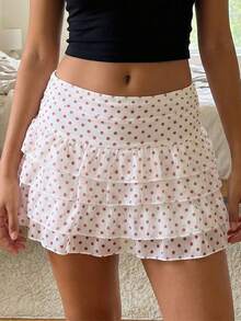 Women's Summer Mini Skirt Casual Stylish Dot Print Layered Ruffled Mid Rise Short Skirt - Pink - View 2
