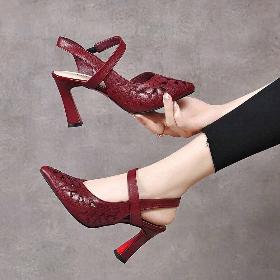 Zapatos de tacón para mujer New Spring/Summer Collection: Women's Fashionable Open-Toe Strappy High Heels with Chunky Heels and Pointed Toes-Genuine Leather, Open-Toe, Fairy-Style, Pointed-Toe, Chunky-Heel Strappy High Heels - Burdeos - Ver 1