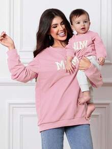 Mommy And Me Matching Outfits Christmas/Halloween Sweatshirts Family Matching Xmas Clothes Long Sleeve Crewneck Mama/Mini Letter Print Sweatshirts Pullover Tops Winter Fall Clothes - Màu Hồng  Dưa hấu - Xem 1